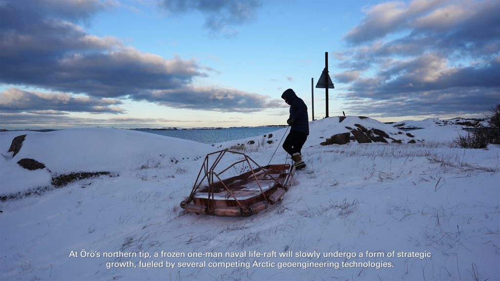 Operation Habbakuk (Video Still: Örö Island, Finland)
copper etching plates, mist system, pykrete (wood pulp and ice), silica, etched copper still, pyrite, iron sulfate, water samples (Baltic Sea), geoengineered ice, 2022.