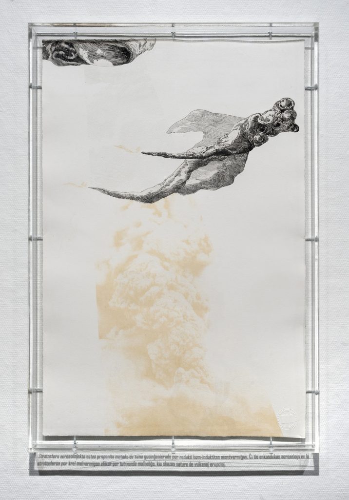 We will find salvation in strategic chemical spills: Stratospheric Aerosol Injection
etching, silkscreen (printed with sulfuric acid and limestone), laser engraving, 22”x15”, 2022.